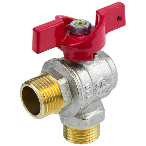 Кран шаровой латунный угловой Aquasfera EURO 1010 DN 15 PN 40 резьба - 1/2'', покрытие - никель, полнопроходной цапковый резьбовой НР-НР, ручка-бабочка красная