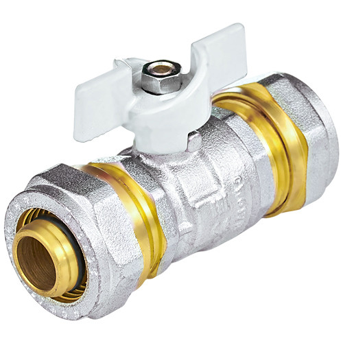 Кран шаровой латунный для МП Aquasfera Standard 1118 DN 16х16 PN 16 покрытие - никель, неполнопроходной компрессионный, ручка-бабочка белая