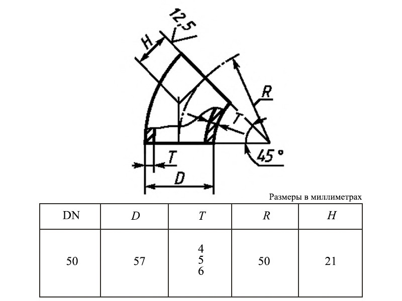 Отвод 45-57х5,0-Ст.20 ГОСТ 30753-2001 стальной бесшовный крутоизгогнутый