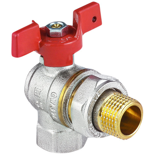 Кран шаровой латунный угловой Aquasfera EURO 1011 DN 20 PN 40 резьба - 3/4'', покрытие - никель, полнопроходной резьбовой ВР-НР с американкой, ручка-бабочка красная