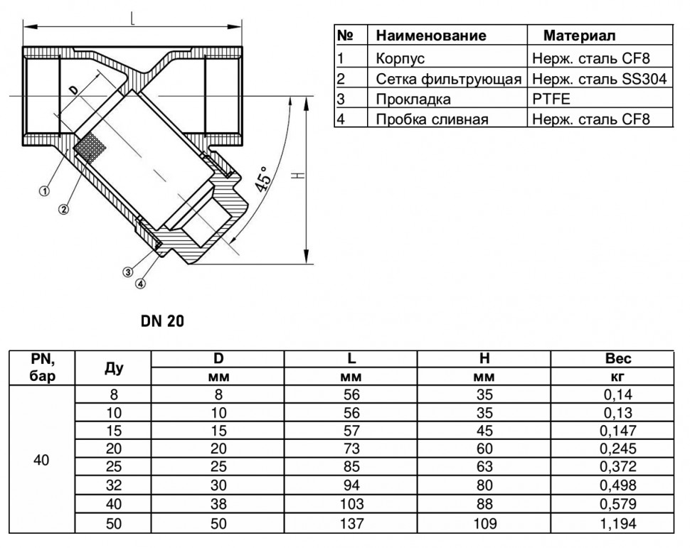 Фильтр сетчатый Y-образный Benarmo 5021 SS304 ВР 3/4" DN 20 PN 40 резьбовой нержавеющая сталь
