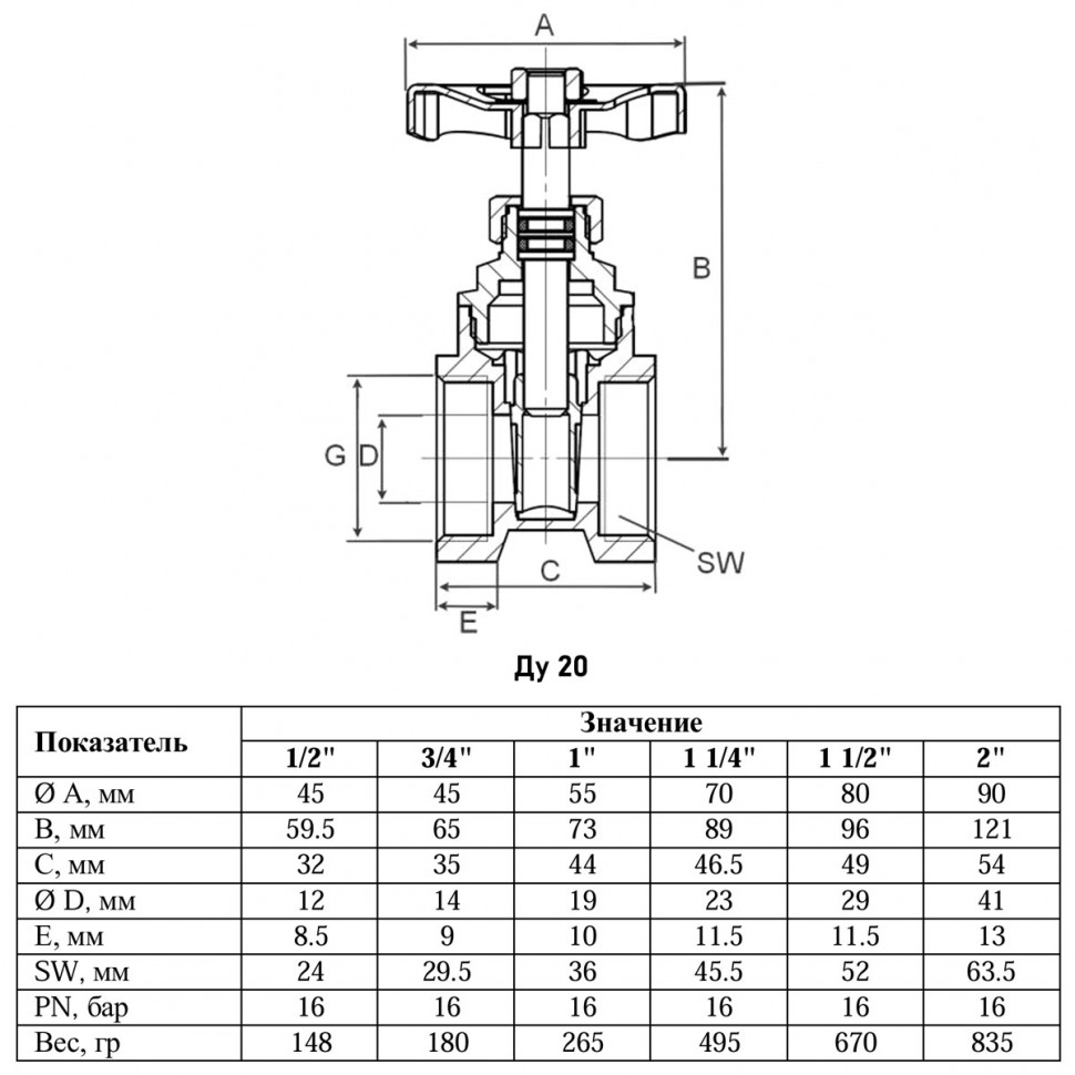 Задвижка клиновая VALFEX VF.04 ВР 3/4" Ду 20 Ру 16 латунная